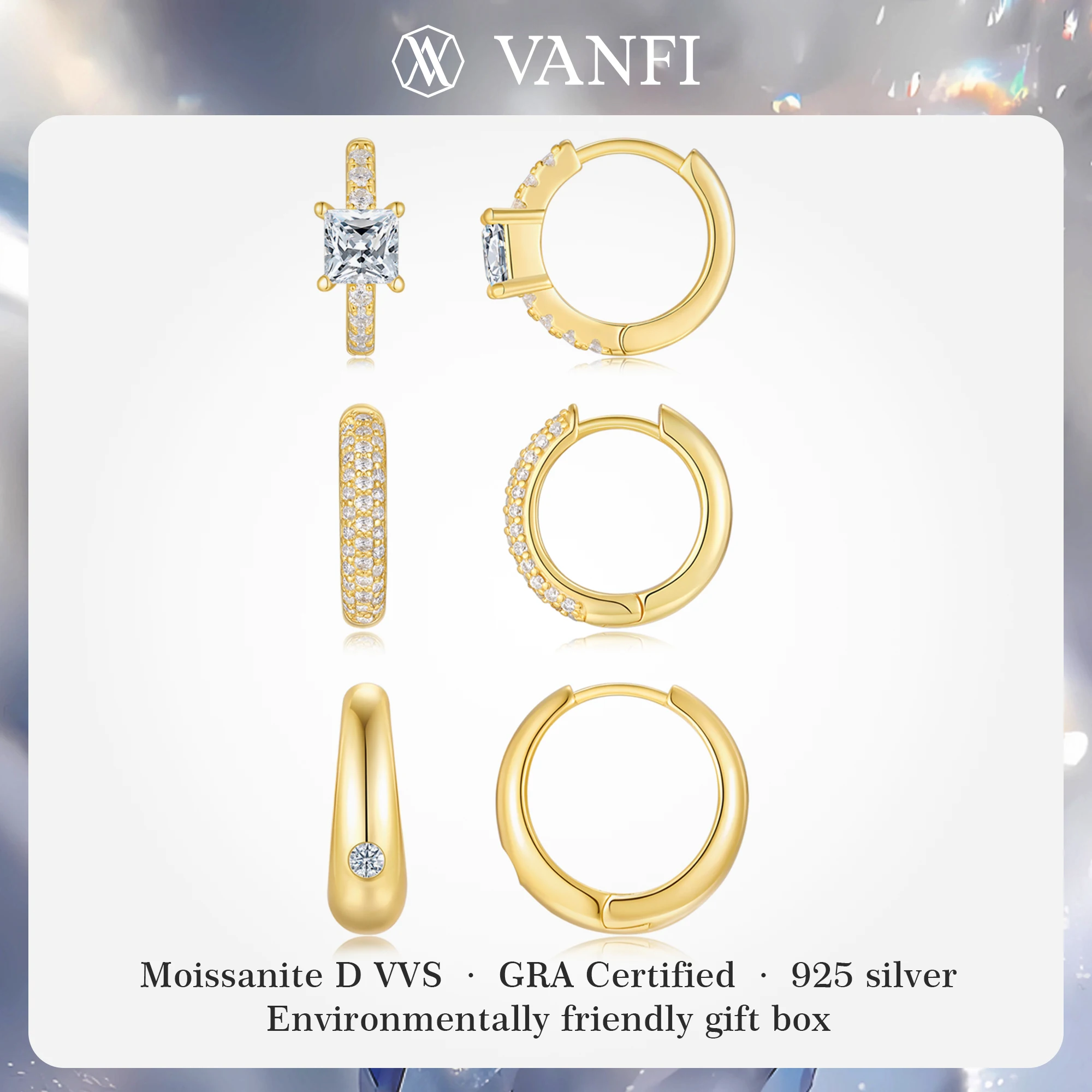 

Kfvanfi certified moissanite s925 sterling silver women's earrings plated with 18K gold stacking luxury noble earring jewelry