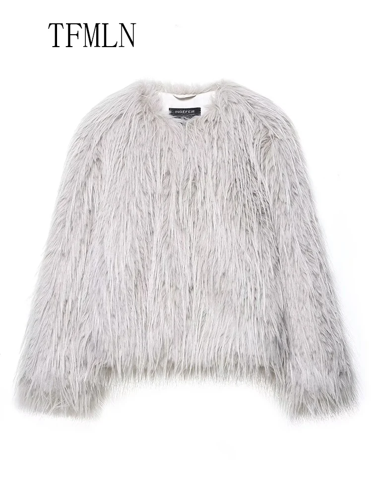 Модное однотонное пальто из искусственного меха, женская роскошная шикарная куртка-кардиган с круглым вырезом и длинными рукавами, женская теплая уличная верхняя одежда, зима 2023 г.