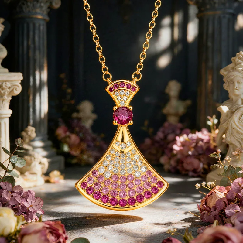 Luxury High-end Gradient Red Skirt Pendant 9999 24K Real Gold Fan-shaped Inlaid with Moissanite Clavicle Chain for Women