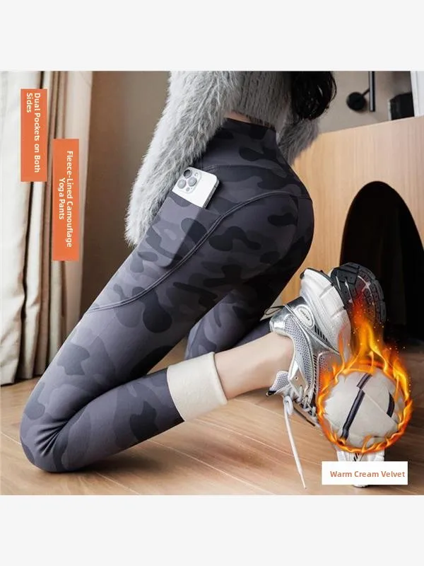 

High Waist Fce Lined Camouflage Yoga Pants Windproof Thi ark Skin Boting Trousers for Women Warm Winter plus Size