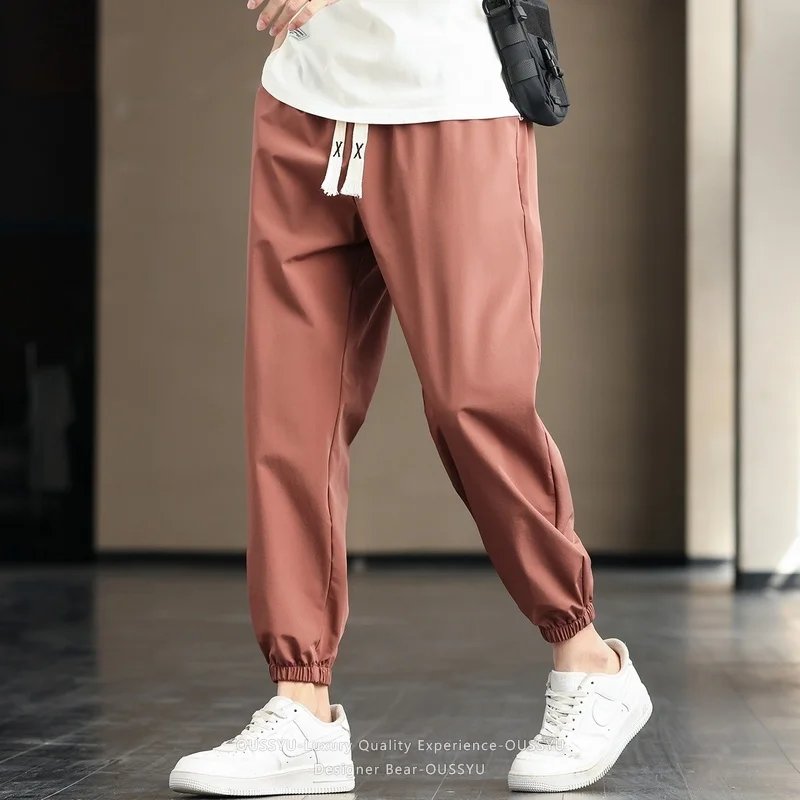 2026 New Summer Thin Ankle Length Tapered Casual Pants Men Baggy Elastic Waist Drawstring Korean Grey Green Harlan Trousers Man view 4