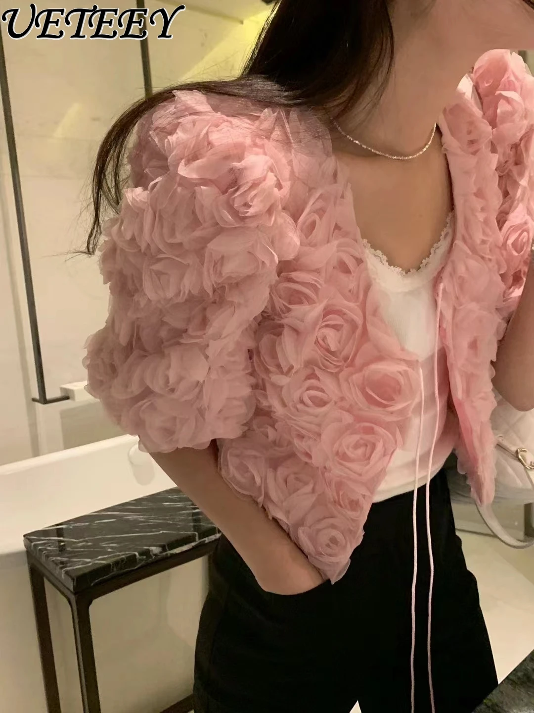 

French Elegant Thin Short Jacket Women V-neck Bubble Short Sleeve Three-dimensional Rose Flower Cardigan Mesh Shirt Top Summer