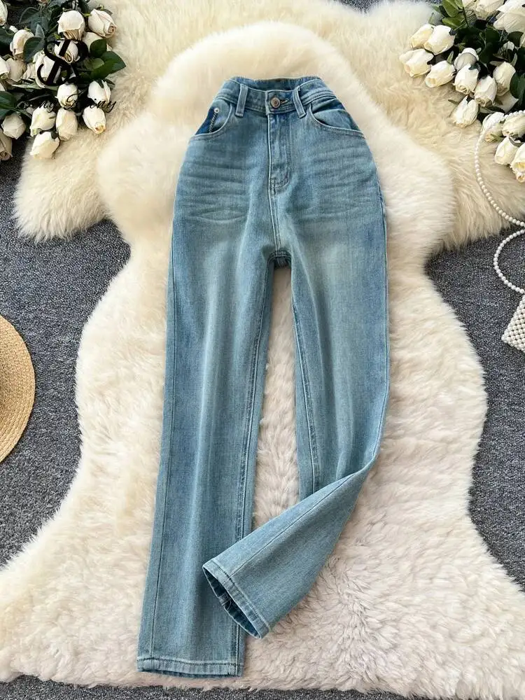 ストリートウェア ヴィンテージ ロングジーンズ 女性用 シック ポケット付き ジッパー アメリカン レトロ トラウザーズ ハイウエスト シンプル カジュアル デニムパンツ