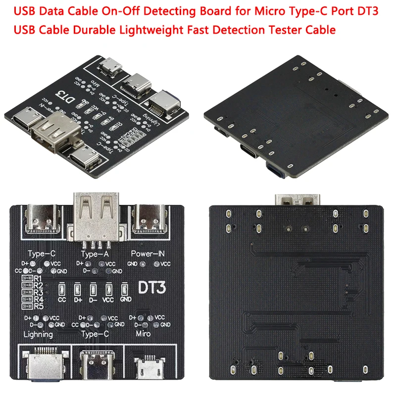 كابل بيانات USB لوحة كشف التشغيل والإيقاف لمنفذ Micro Type-C DT3 كابل USB متين وخفيف الوزن وكابل اختبار سريع الكشف