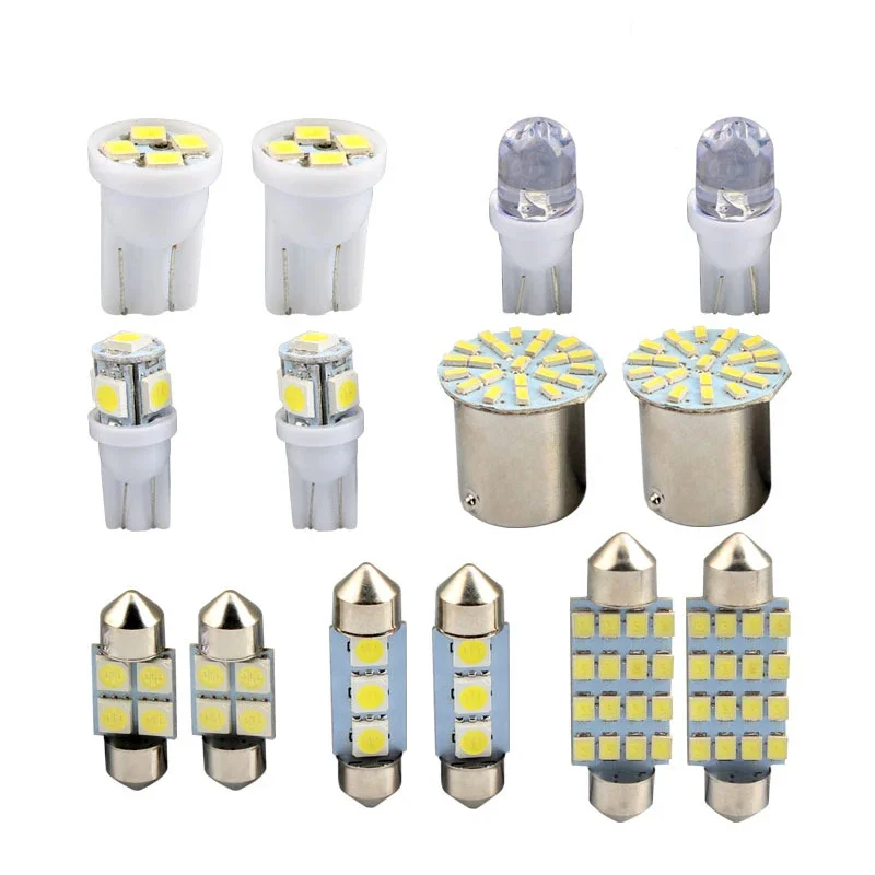 14Pcs Car Interior Lights Mixed Kit T10 SMD LED Replacement License Plate/Reading Lights Bulbs White Auto Inner Lamp Accessories