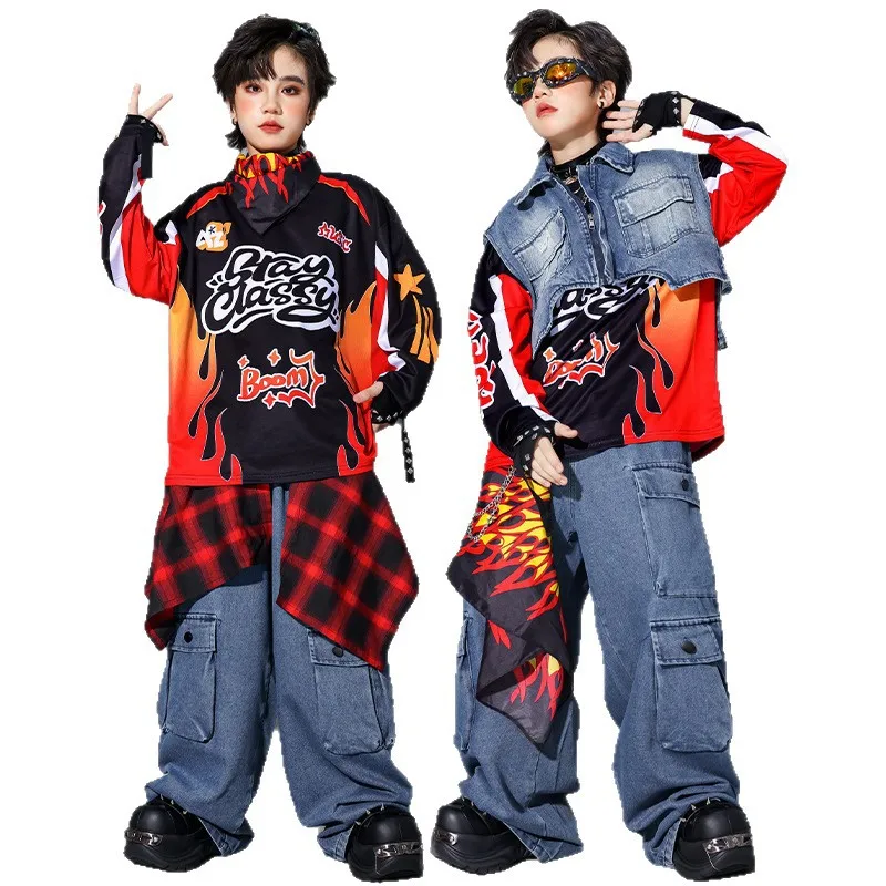 

Жилет для мальчиков в стиле хип-хоп, рубашка с граффити, брюки-карго, одежда для уличных танцев, уличная одежда K-pop для девочек, комплект детской джазовой одежды, детский костюм