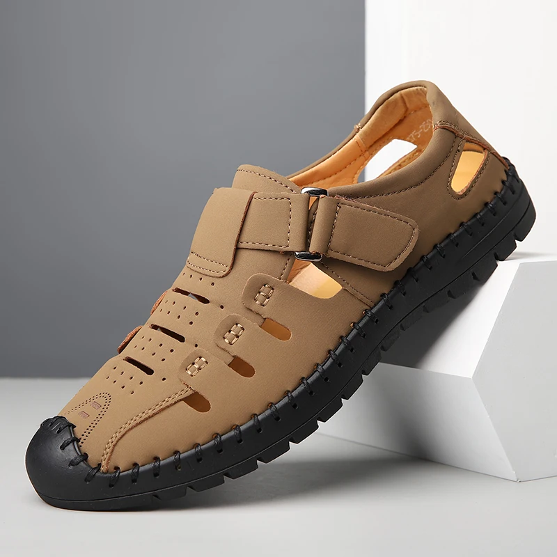 Men's Summer Hollow out Comfortable Breathable Slip-On Leather Shoes Anti-Slip Soft Bottom Outdoor Casual Loafers-1375
