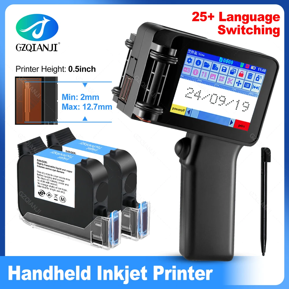 Handheld Inkjet Printer Gun Small Portable with HD LED 4.3inch Touch Screen With 0/1/2pcs Cartridge 12.7mm for QR Code Barcode