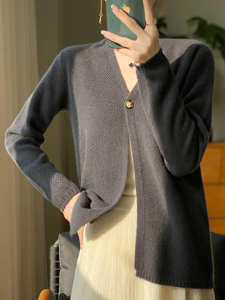 New Spring Autumn Women\'s V-neck Cardigan Pure Color Grace Soft Sweater 100% Merino Wool Knitwear Korean Style Loose Basic Cloth