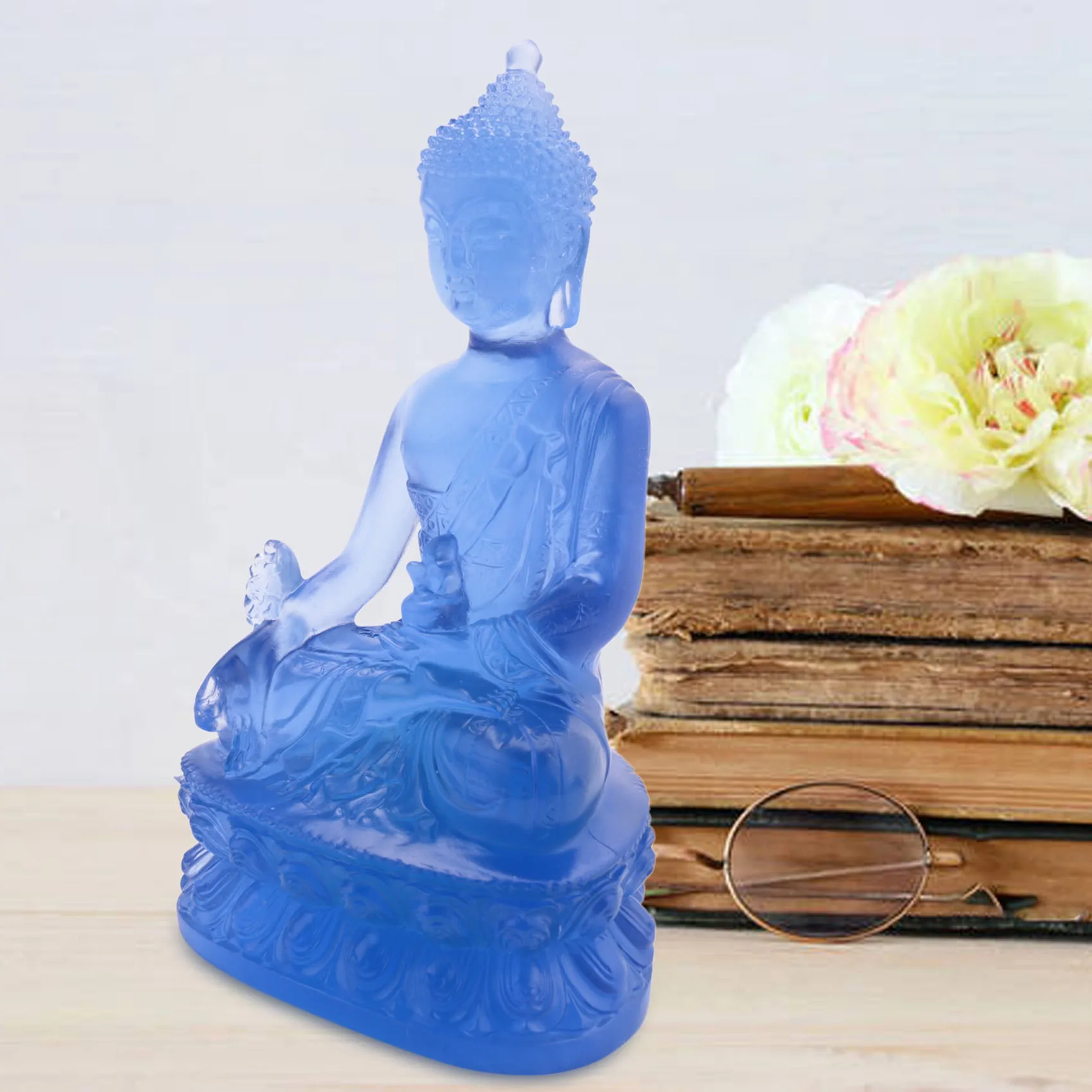 Tibetan Medicine Buddha Statue,Translucent Resin Buddha Sculpture Meditation Decor Spiritual Decor Collectible -Blue