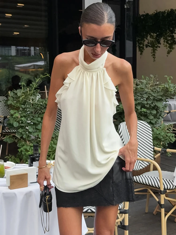 

Trendix Ruffle Backless Sleeveless Tops Solid Patchwork O Neck Halter Cropped Vest Hot Girls Party Sexy Beach Chiffon Tank Top