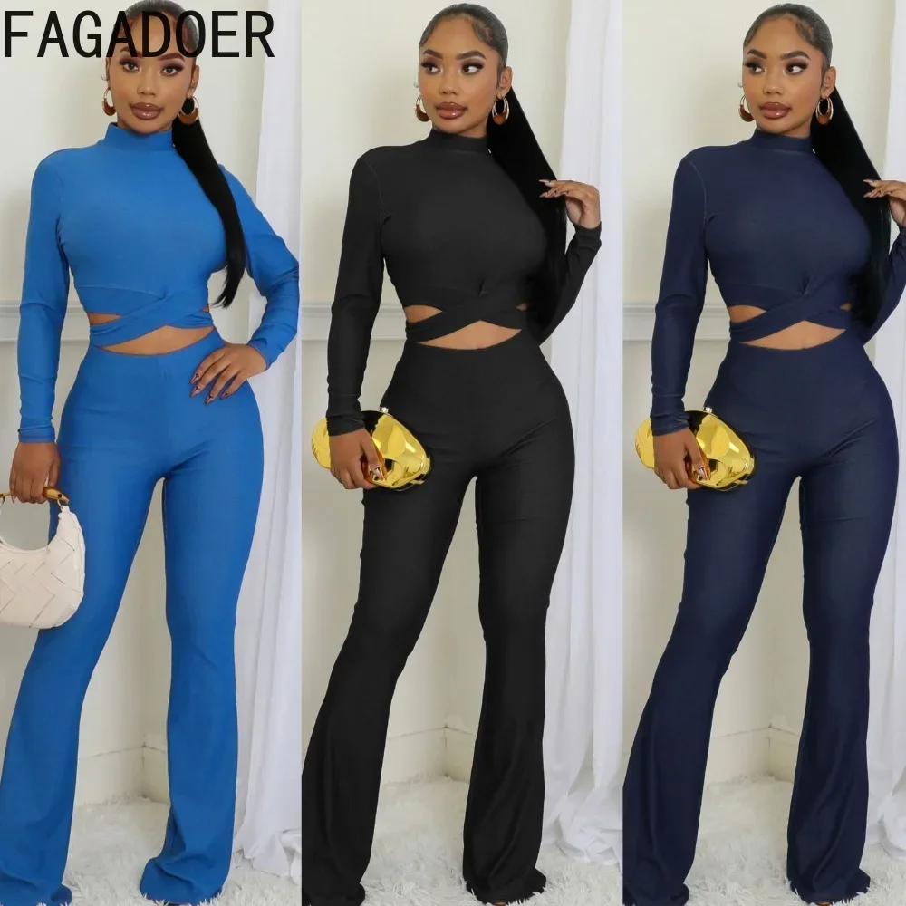 

FAGADOER Sexy Two Piece Set For Women High Collar Long Sleeve Bandage Patchwork Crop Top + High Waist Flare Pants Streetwear New