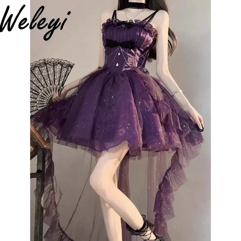 

Lolita Sweet Front Short Back Long Bow Flurry Dress for Women 2025 Summer New Princess Starry Sky Sparkle Mini Sling Dresses