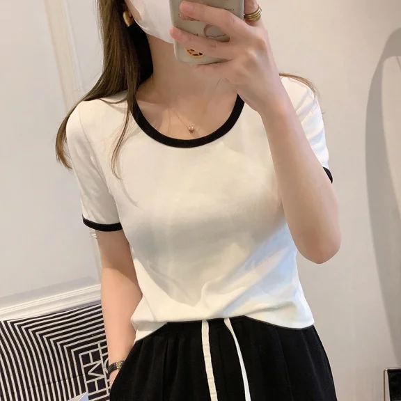 

Slimming Short Sleeve T-Shirt Women's Ribbed U-Neck Korean Style Commute Fashion plus Size Summer New Style Color Block Top