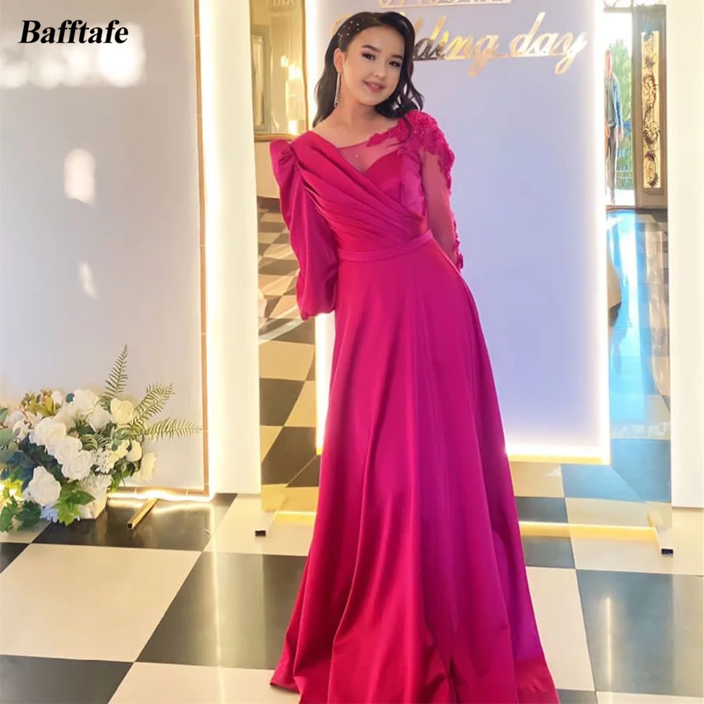 Bafftafe Fuchsia A Line Korea Prom Dresses Women Customized Half Sleeves Appliques Lace Evening Dress Formal Wedding Party Gowns