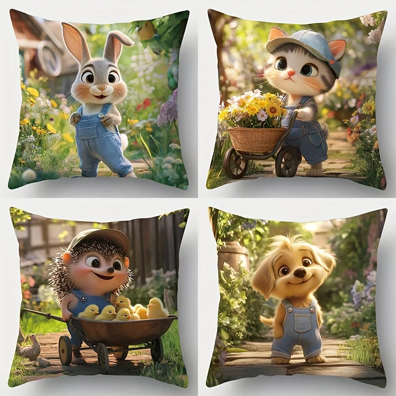 4-Piece Spring Floral Printed Pillowcase Set – Cute Bunnies, Puppies, Kittens & Hedgehogs on Light Background