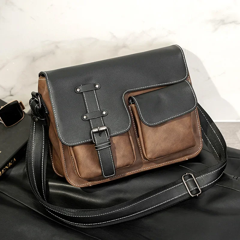 Bolso cruzado Vintage para hombre, de hombro bandolera, diseño de marca de moda, bolsillos Falp, bolsos cuadrados de cuero