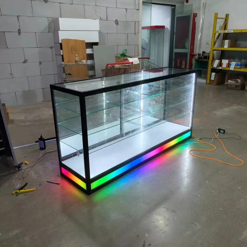 

custom.Toughened Glass Display Cabinet with Custom Flowing Led Lights for Malls