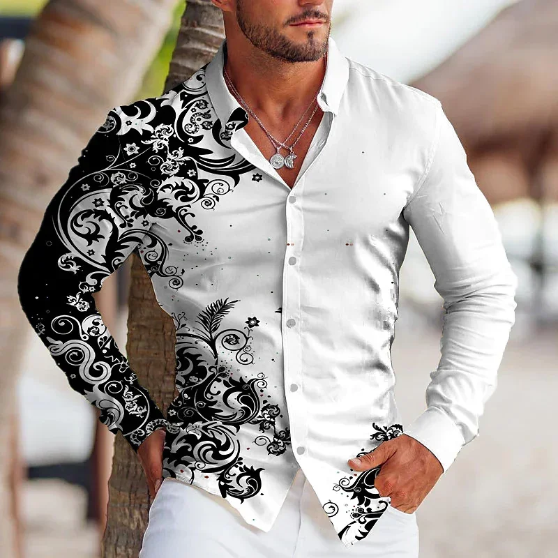 

Spring and summer men's lapel suit shirt flower blue red fashion new street outdoor casual top plus size 2023 hot new