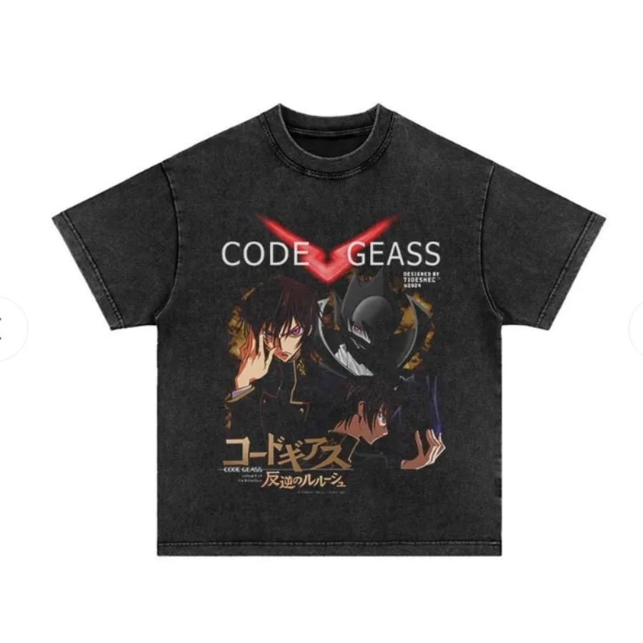 Anime Code Geass Lelouch of The Rebellion Vintage Washed T-shirt Y2K Streetwear Graphic T Shirts Short Sleeve Cotton Tshirt