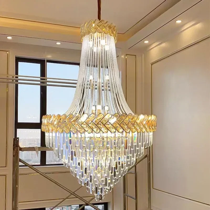 

Luxury Gold Crystal Chandelier Villa Building Living Room Chandelier Hollow Simple Stair Hotel Light Home Decor Pendant Light