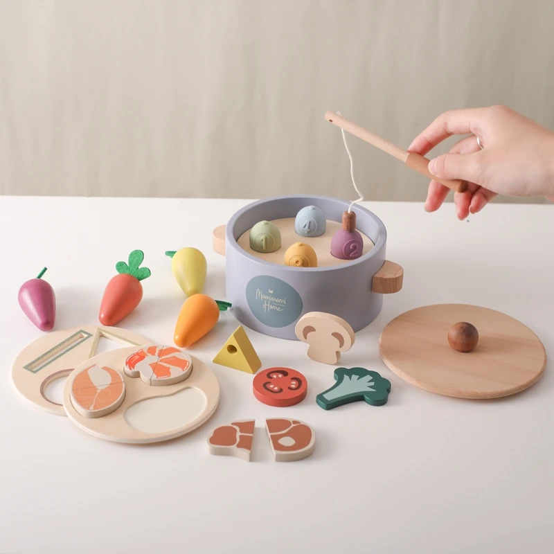 Montessori Toy Wooden Pluck Carrots Shape Paired Multifunctional Pot Toy Children Puzzle Play House Fishing Stir Frying Toy Gift