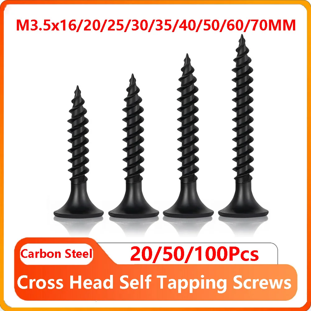 20/50/100Pcs M3.5 16-70MM Cross Head Self Tapping Screws Black Wood Screws Carbon Steel Phillips Countersunk Drywall Screws