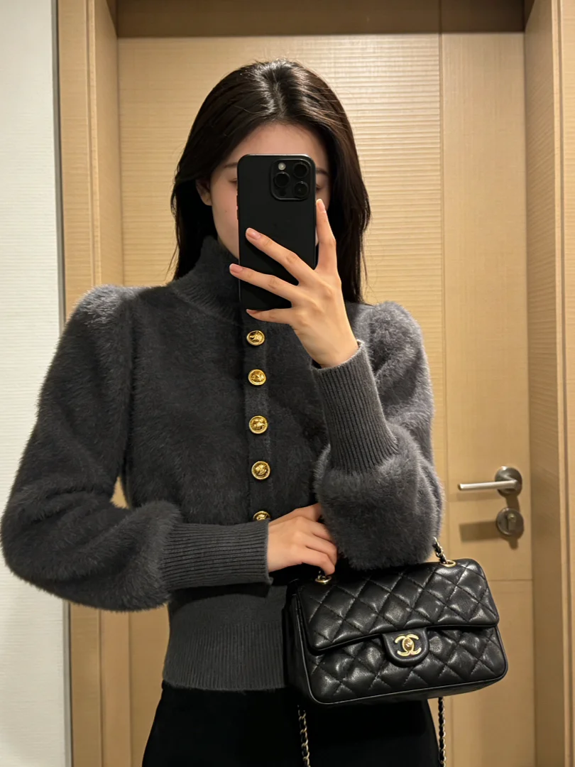 

Женский вязаный свитер с высоким воротом в корейском стиле, облегающий, с длинным рукавом, для повседневной носки