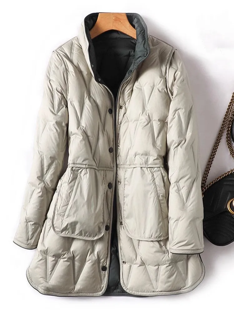 Oversize Two-sided Down Coat Autumn Winter Women Warm Light Thin White Duck Down Jacket Parkas Ladies Midi Long Puffer Outwears