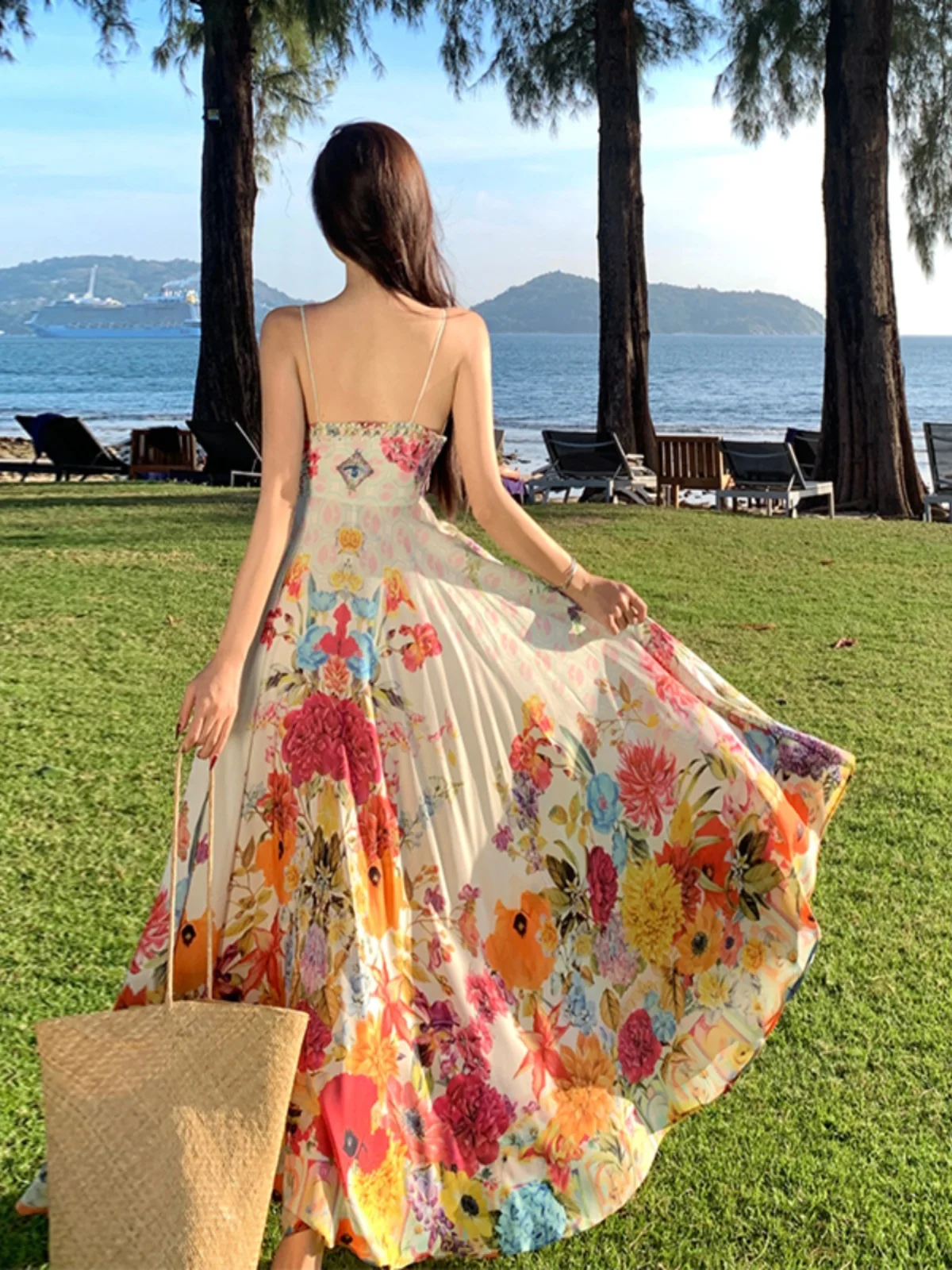 Długa spódnica maxi w stylu plażowym i kwiatowym, z wysokim stanem, szyfonowa sukienka na ramiączkach, letnia sukienka wakacyjna, wzór A-line.