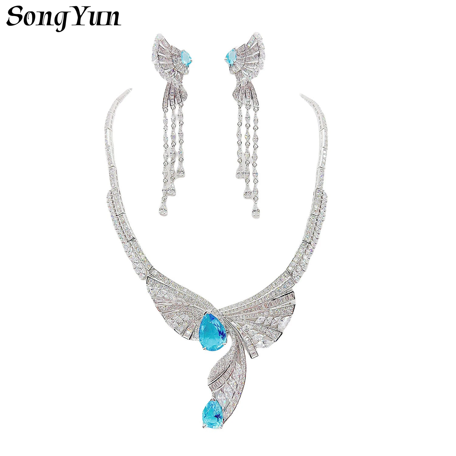 

Luxury Design Bridal Wedding Party Jewelry Set Womens Shine Wing Shaped AAA Cubic Zirconia Necklace and Earrings Set