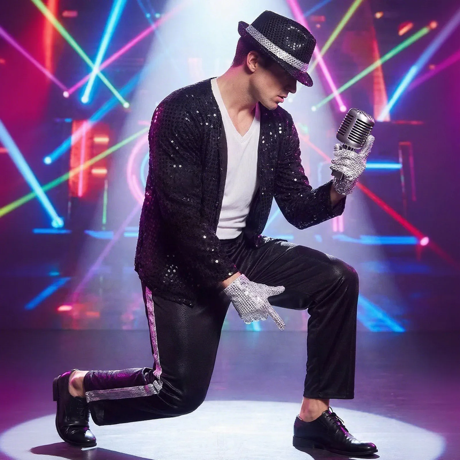 Fantasia de Cosplay do Rei do Pop dos anos 70-80, Michael Jackson, Billie Jean, para Homens, Traje para Festa Disco