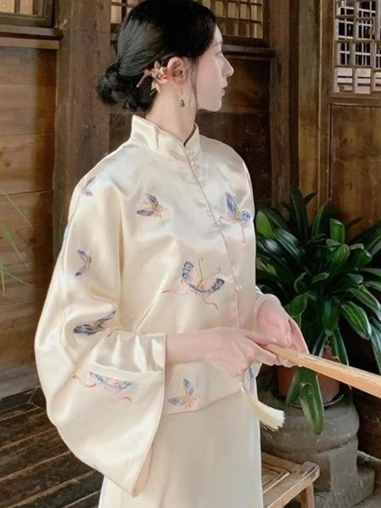 

Блузка с вышивкой бабочкой в китайском стиле, женская модная свободная рубашка с воротником Тан, шикарный повседневный топ в стиле бохо, верхняя одежда с длинными рукавами