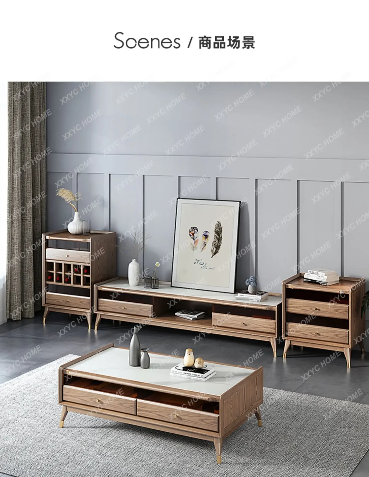XL solid wood rock slab embedded coffee table TV cabinet combination living room new Chinese tea table