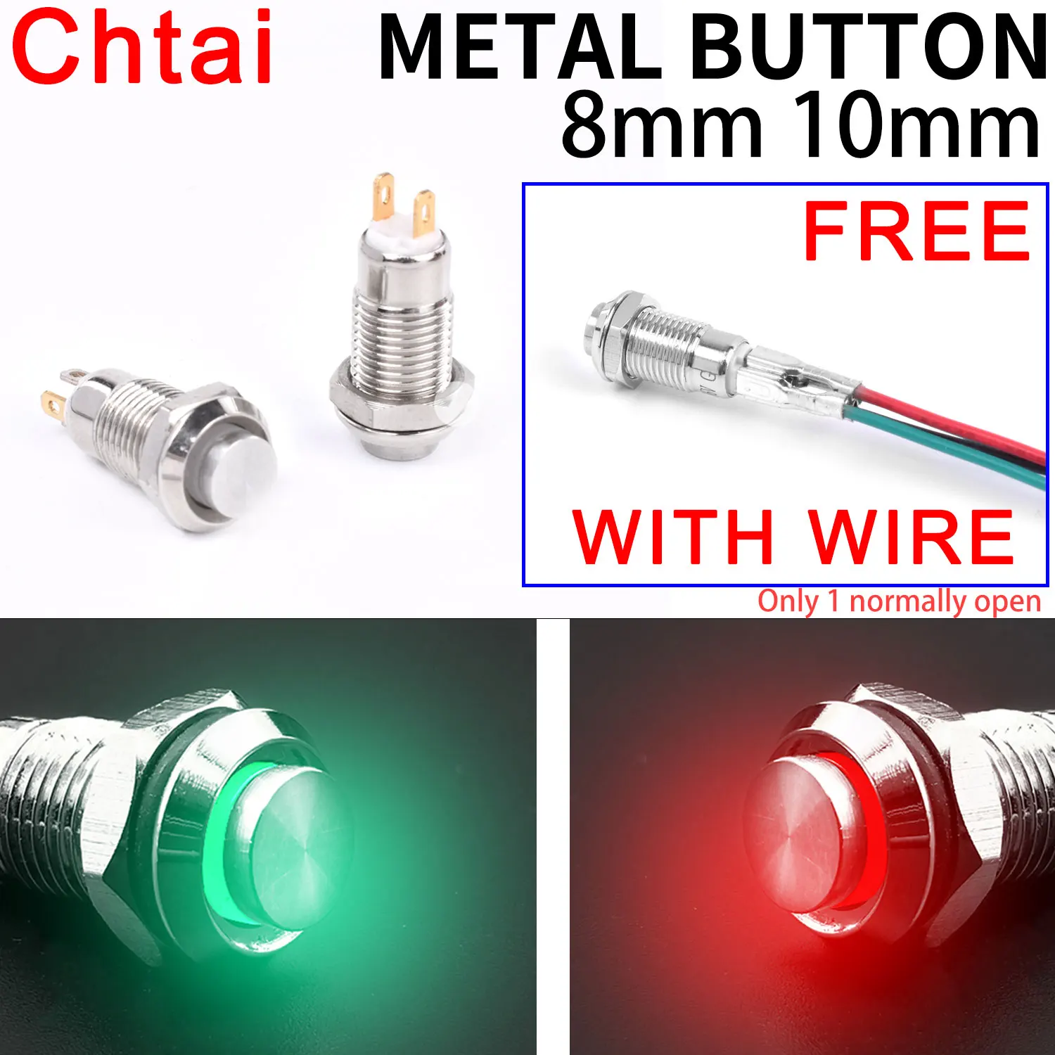 

1NO High head Waterproof Metal Push Button Switch LED Light Self-locking/reset 3~36V 8/10mm Nickel Plated Brass