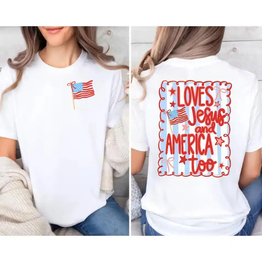 

Loves Jesus and America Too Shirt,4th of July Comfort Colors Patriotic Coquette Bow Tee American Flag Shirt USA Preppy Red White