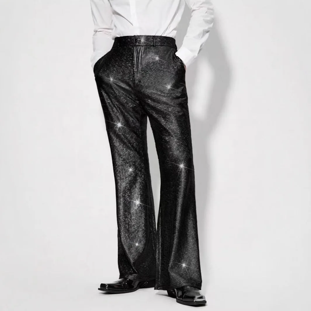 Shiny Sequin Mens Metallic Disco Pants Dance Costumes Prom Dresses Luxury Nigtclub DJ Stage Trousers Men Pantalones Hombre