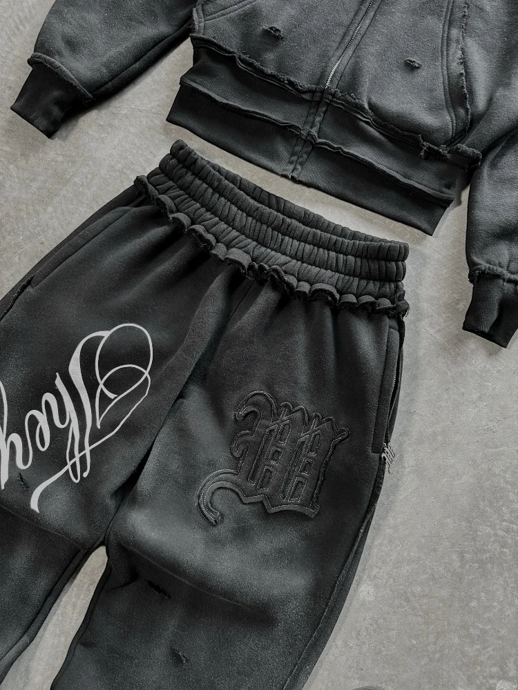 2 pçs outerwear co-ords y2k carta moletom angustiado retalhos bordado capuz duplo agasalho streetwear unisex conjunto baggy