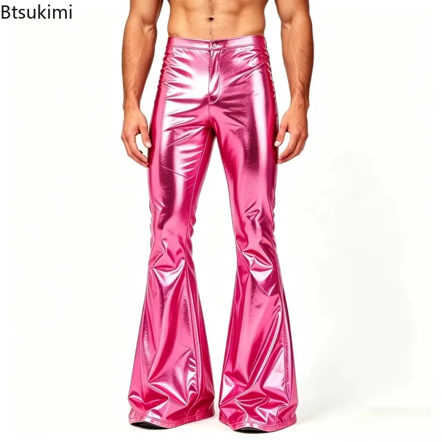 New Men Metallic Shiny Flared PantsSexy Stage Costume Elastic Waistband Bell Bottom Trousers Long Pants 70s Party Show Clubwear view 5