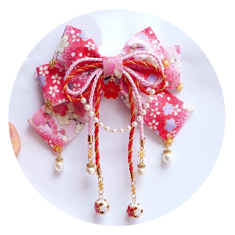 Bow hairpin Japanese kimono hair accessories Cherry blossom dress flower head accessories Fringe hairpin side clip