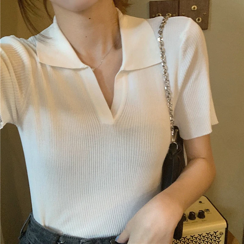 HELIAR Women Knitted Polo Shirts Summer V-Neck Short Sleeves Solid Casual Crop Tops For Women Slim Y2K Sexy Tops Spring