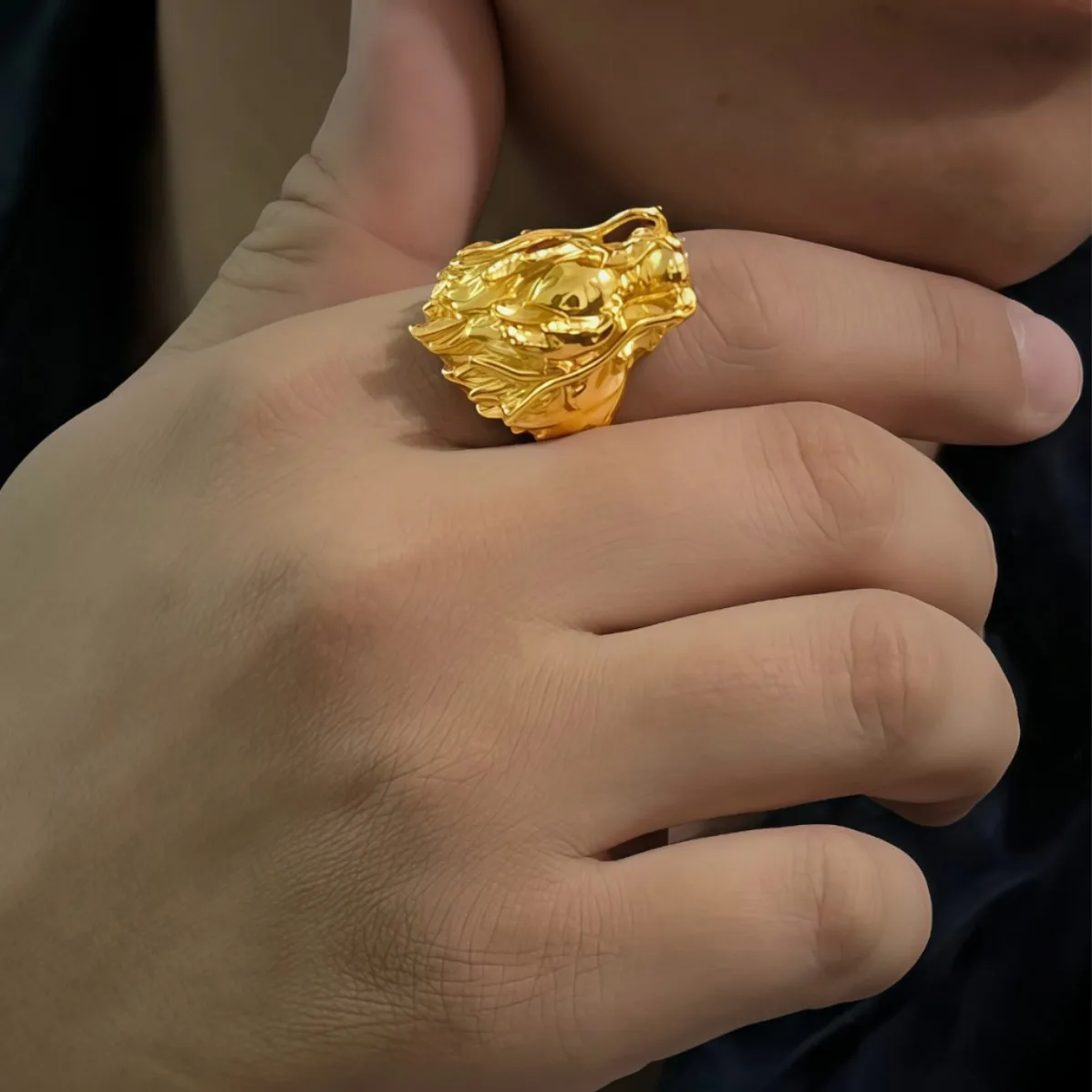 

Luxury 24K 9999 Pure Gold real gold Men's three-dimensional auspicious dragon ring men's faucet opening ring