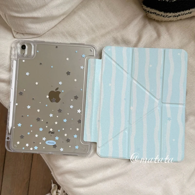 

New Blue Stars Korean Ins Cute For iPad Case iPad Air 5/6/7 & Pro 11-inch - Adorable Y+3 Fold Anti-Bend Cover with Pencil Slot