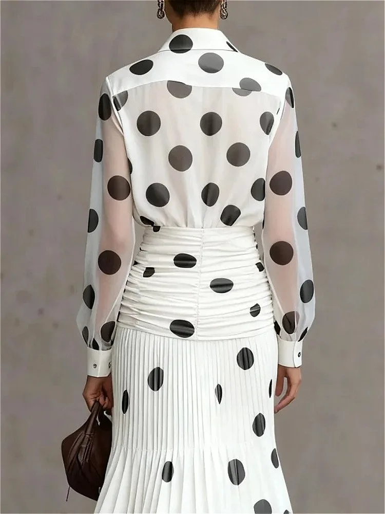 Modigirl Women's Vintage Polka Dot Chiffon Shirt 2026 Semi Sheer Sleeves Slimming Versatile for Daily Office Early Autumn Wear