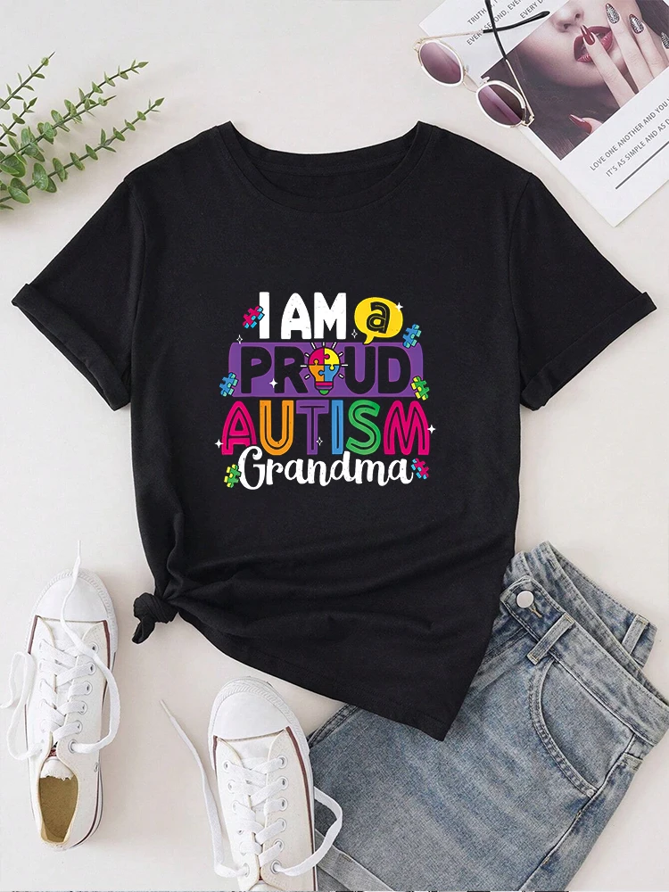 I m A Proud Autism Grandma Butterflies Autism Awareness T-shirt Tee Tops Printed O-neck Casual T-shirt Women\'s Clothing