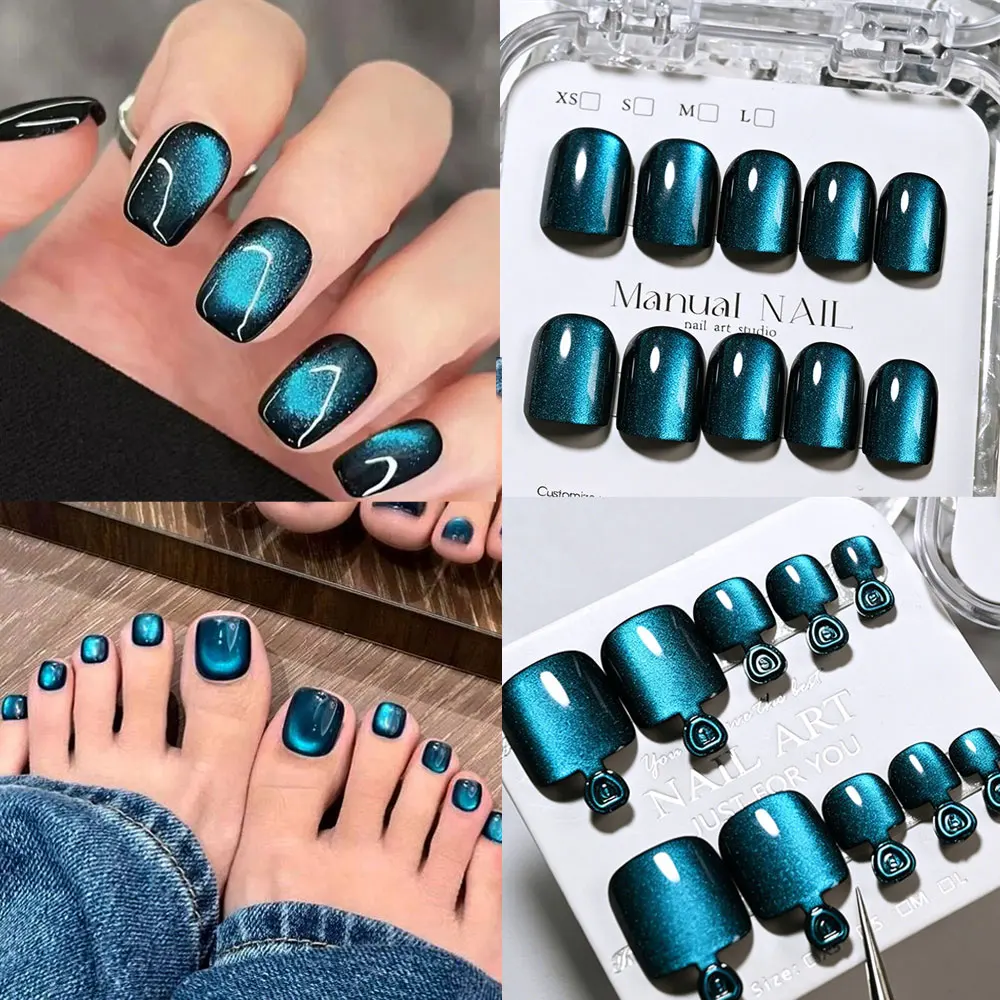 48pcs Blue Galaxy Cat Eye Hand Foot Press On Nails Short Square Hand & Toe False Nails Glitter Cateye Artificial Fake Nail Tips
