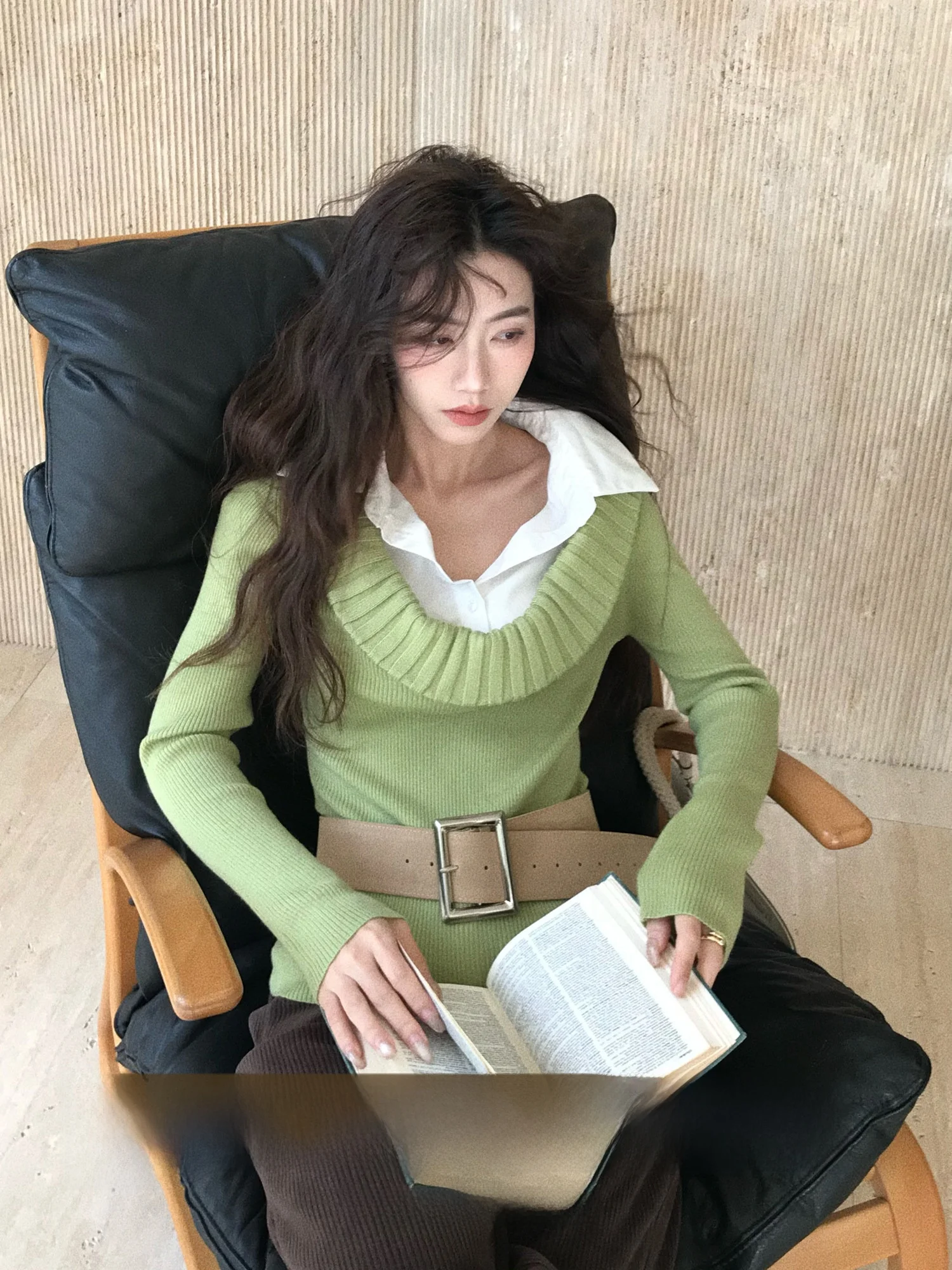 

Commute Sle Women's Knitted Sweater irt Collar Patchwork Slim Fit Winter Long Sve Soft Korean Version Faux Two-Piece