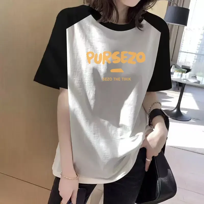 

Spring Summer New Women's Tee T-shirt Spliced with Pure Cotton Short Sleeve Contrast Letter Printing Loose Fashion Casual Tops