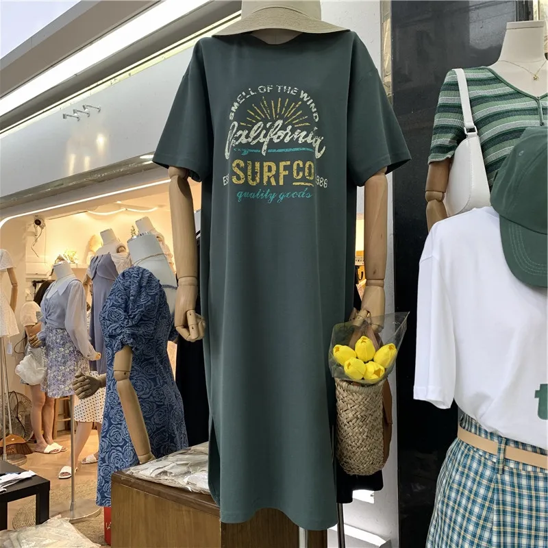 

Women's Short Sleeve Midi Dress Korean Style round Neck T-shirt Dress Printed Casual Straight Cut Summer Fashion Diva