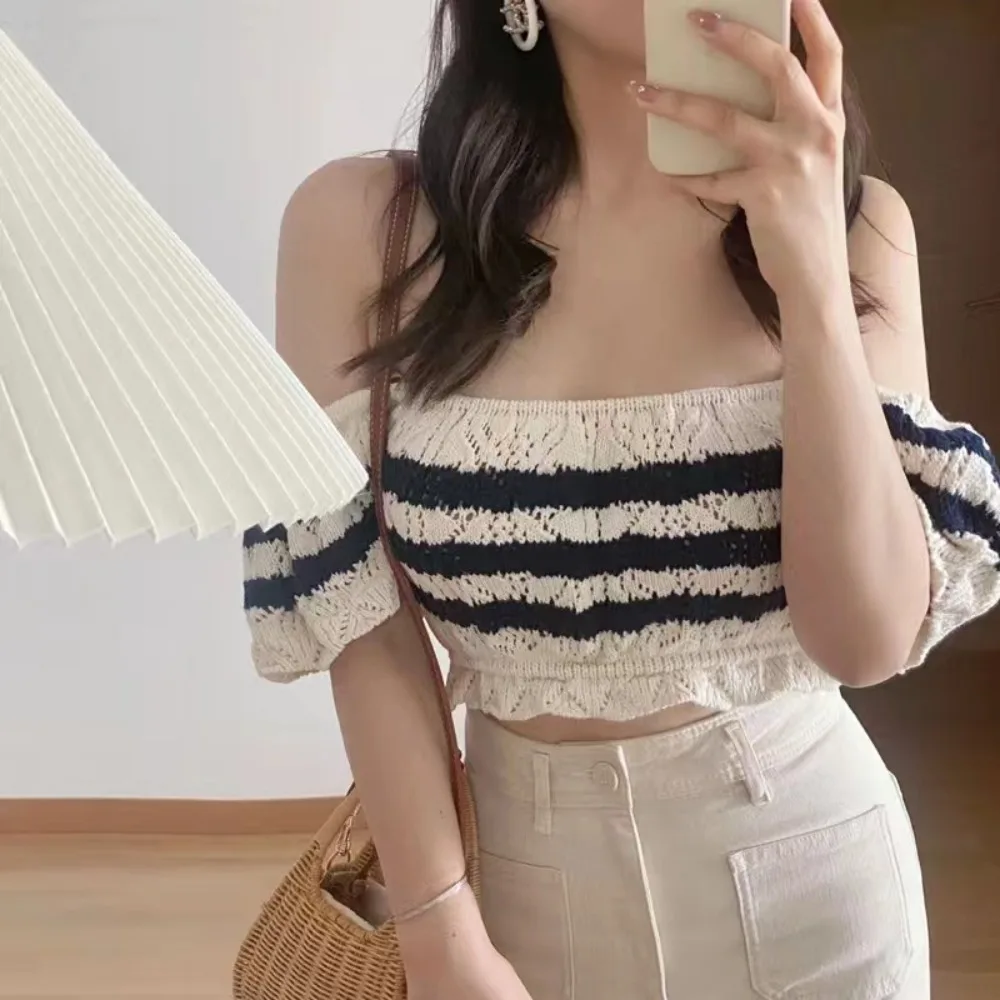 Korean Style Flying Sleeve Striped Knitted Sweater Gentle Wind Navel Exposed Short Sleeved Top High-quality Square Neck